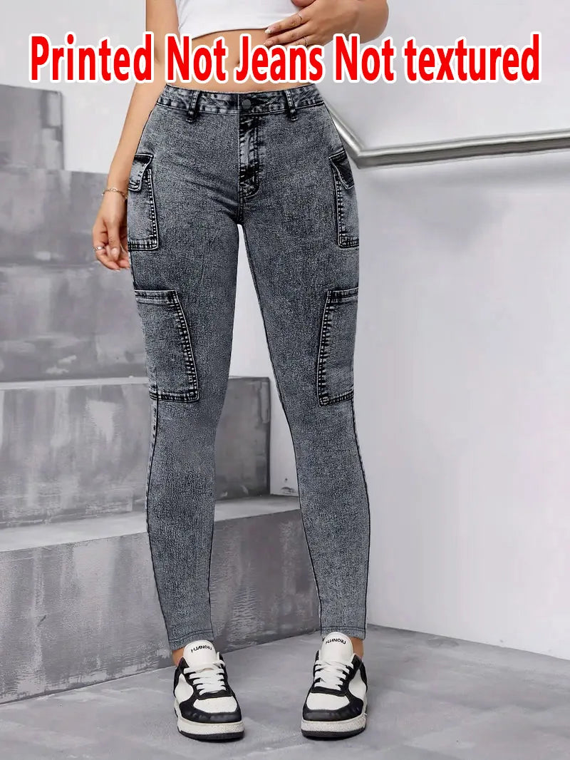Dambyxor i denim utan läder, tajta byxor med texturfritt tyg för alla årstider