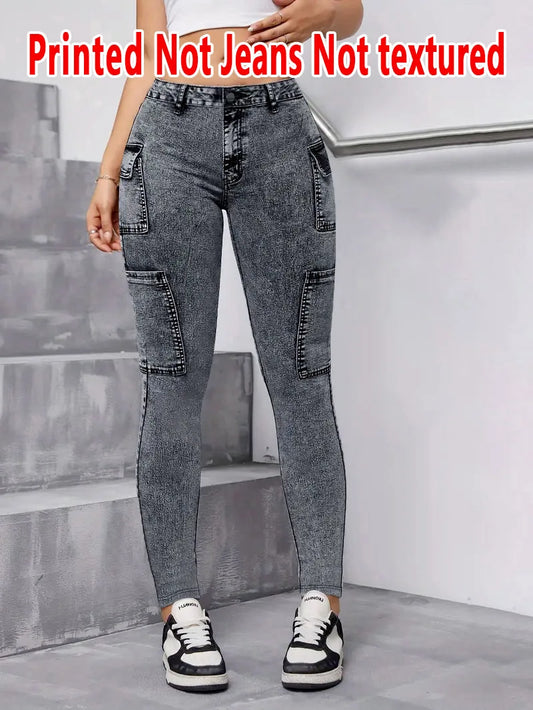 Dambyxor i denim utan läder, tajta byxor med texturfritt tyg för alla årstider