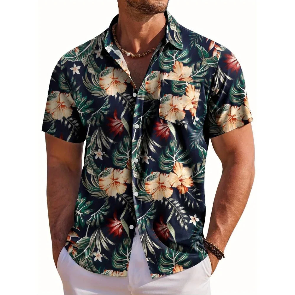 Herrskjorta med kort ärm, Hawaiiskjorta med botaniskt blommönster, slag, strandskjorta, topp, casual, moderiktiga skjortor