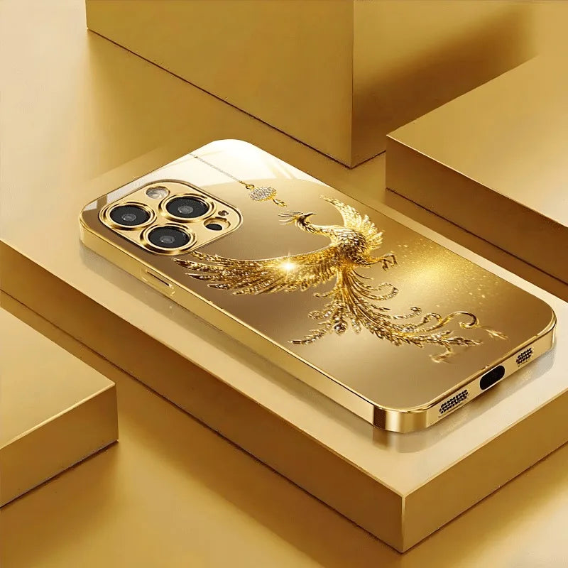 Glasmobilskal med diamantmönster i guld och ”Golden Phoenix”-motiv samt guldmetallicfärg för iPhone 17 Pro Max, 11, 12, 13, 14, 15, 16 Plus, 17 Air och 16E