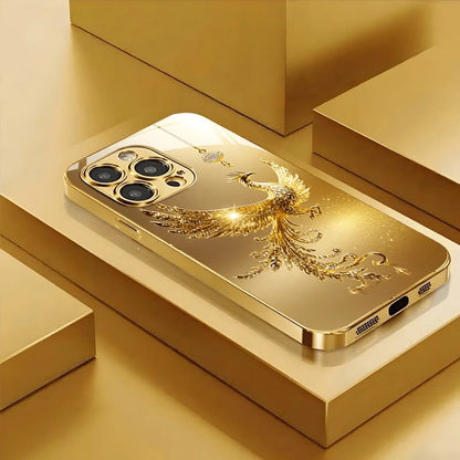 Glasmobilskal med diamantmönster i guld och ”Golden Phoenix”-motiv samt guldmetallicfärg för iPhone 17 Pro Max, 11, 12, 13, 14, 15, 16 Plus, 17 Air och 16E