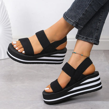 Damslingback-sandaler med kilklack, utomhus, sommar, lätta tofflor, enfärgade, tjocka nedre tofflor, romerska sandaler för kvinnor