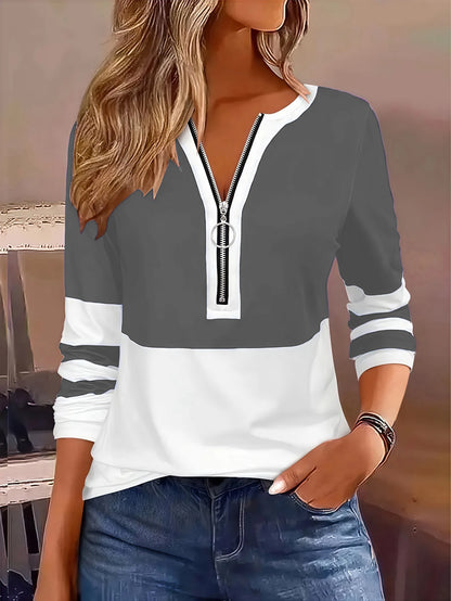 Plus Size Långärmad T-shirt med Geometriska Ränder och Färgblocksring med Blixtlåsdetalj - Höstmode