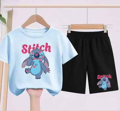 Disney Casual Children's Fashion Set T-shirt+ Shorts 2 Piece Stitch  Print  Boys Girls 3-12 Years Sports Coat Trend Party Sets