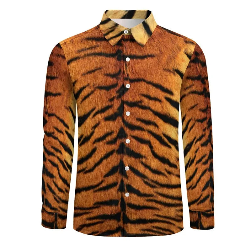 Långärmade skjortor med tigertryck för män, 3D-tryck med djurmotiv, casual skjorta med knappar, slim fit, plus size-skjorta