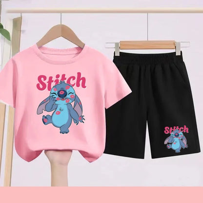 Disney Casual Children's Fashion Set T-shirt+ Shorts 2 Piece Stitch  Print  Boys Girls 3-12 Years Sports Coat Trend Party Sets