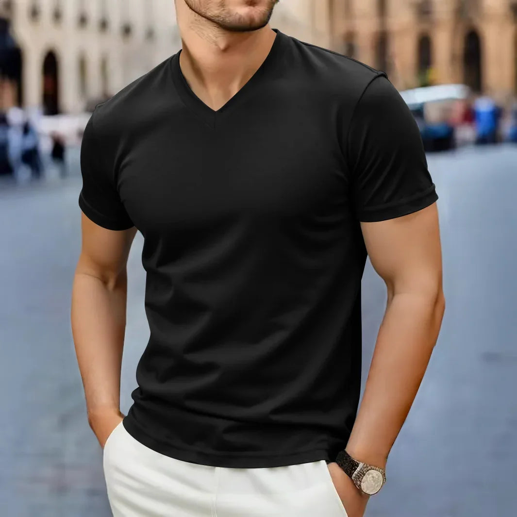2025 Ny Herr Casual Mode Enkel V-ringad Kortärmad T-shirt Sommar Bekväm Andningsbar Mångsidig Topp