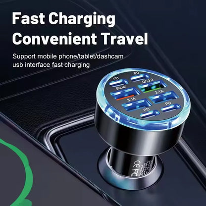 8-portars billaddare med 3-faldigt stativdatakabel, PD QC3.0 snabbladdningsadapter för USB C-biltelefon för iPhone 17 16 Samsung