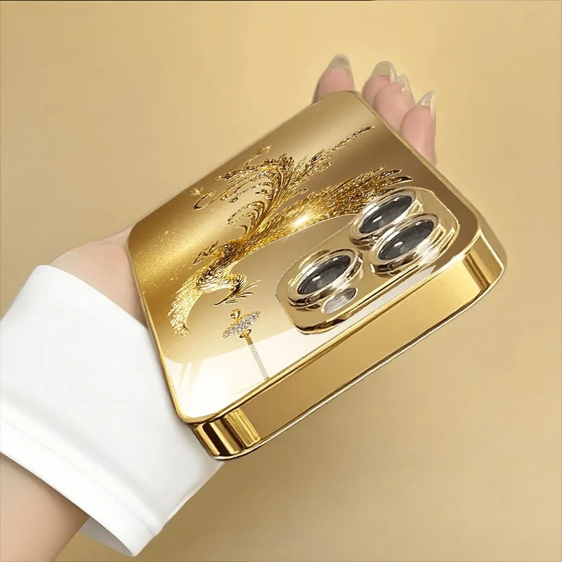 Glasmobilskal med diamantmönster i guld och ”Golden Phoenix”-motiv samt guldmetallicfärg för iPhone 17 Pro Max, 11, 12, 13, 14, 15, 16 Plus, 17 Air och 16E
