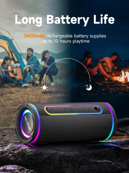 MLOVE E80 Bärbar Bluetooth-högtalare – Kraftfullt dubbelt ljud, färgglad RGB-belysning, helt vattentät (IPX7), TWS-kompatibel