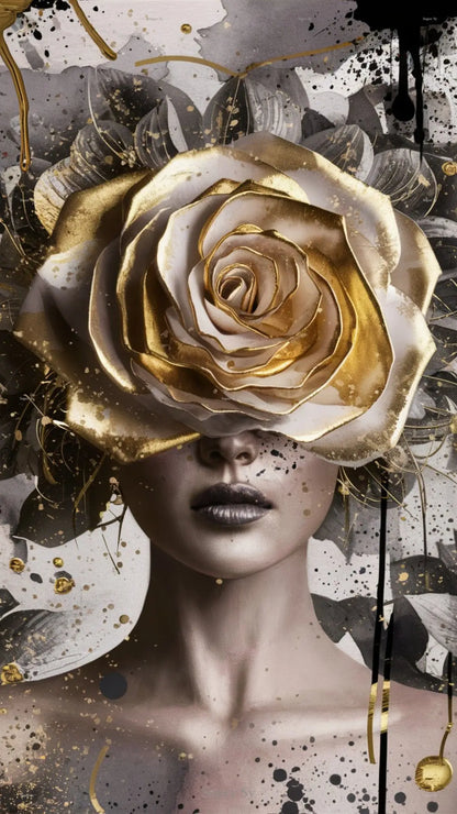 Guldfolie Mode Kvinna Porträtt Poster Tryck För Vardagsrumsinredning Asbtract Figur Blommig Kvinna Canvastavla Modern Väggkonst