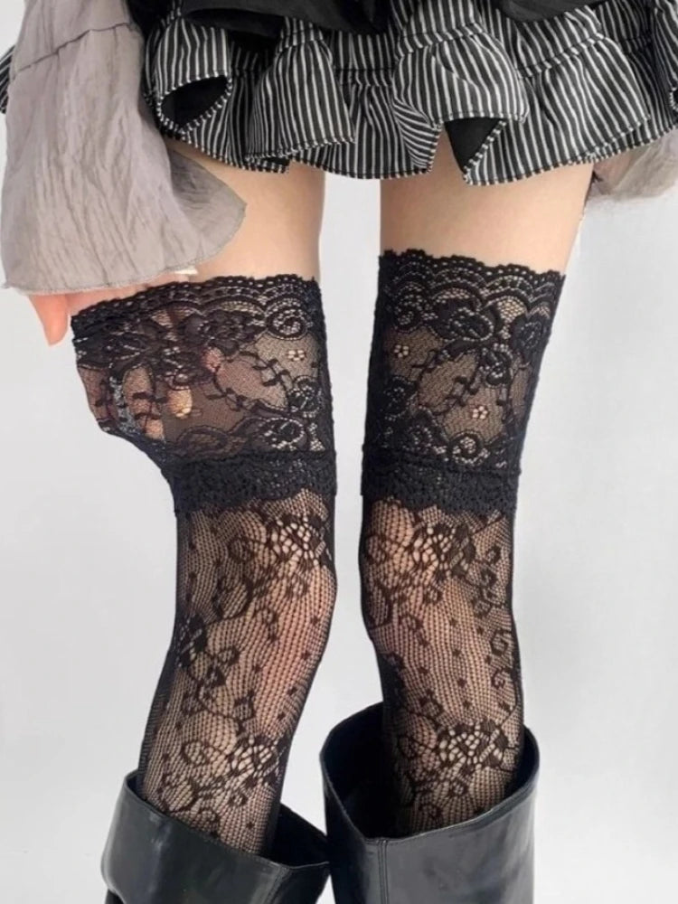 Sexiga nätstrumpor med spetsdetaljer i nylon för kvinnor, retroblommiga, söta mesh-strumpor, andningsbara, lårhöga, långa strumpor, JK-strumpor över knäet
