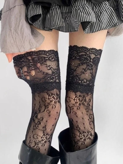 Sexiga nätstrumpor med spetsdetaljer i nylon för kvinnor, retroblommiga, söta mesh-strumpor, andningsbara, lårhöga, långa strumpor, JK-strumpor över knäet