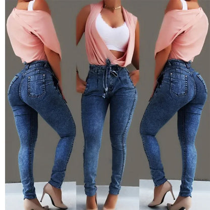 Damkläder Jeans Slim Stretchiga Tofsbälte Jeans med Hög Midja Denimbyxor Skinny Ankellånga Blekta