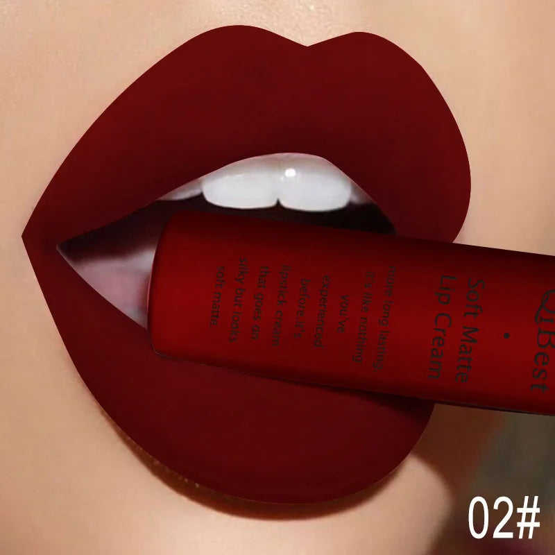 QIBEST Sexigt sammet matt läppglans flytande läppstift läppglans skönhet röd naken vattentät långvarig läppfärg smink för kvinnor