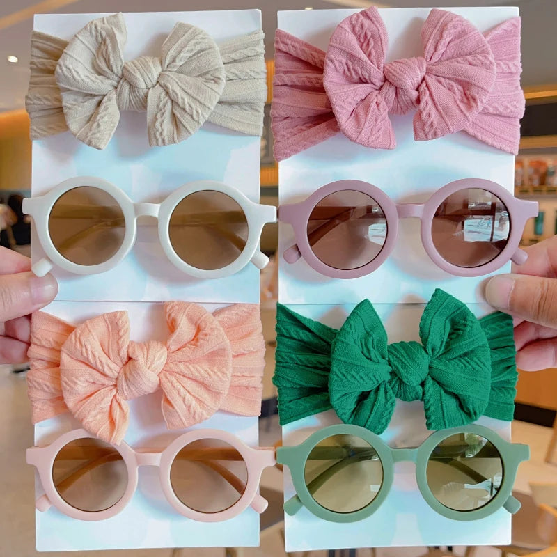 2 st/set nya barn enfärgade bomullsrosett brett hårband runt solglasögon set babyflickor solglasögon barn håraccessoarer