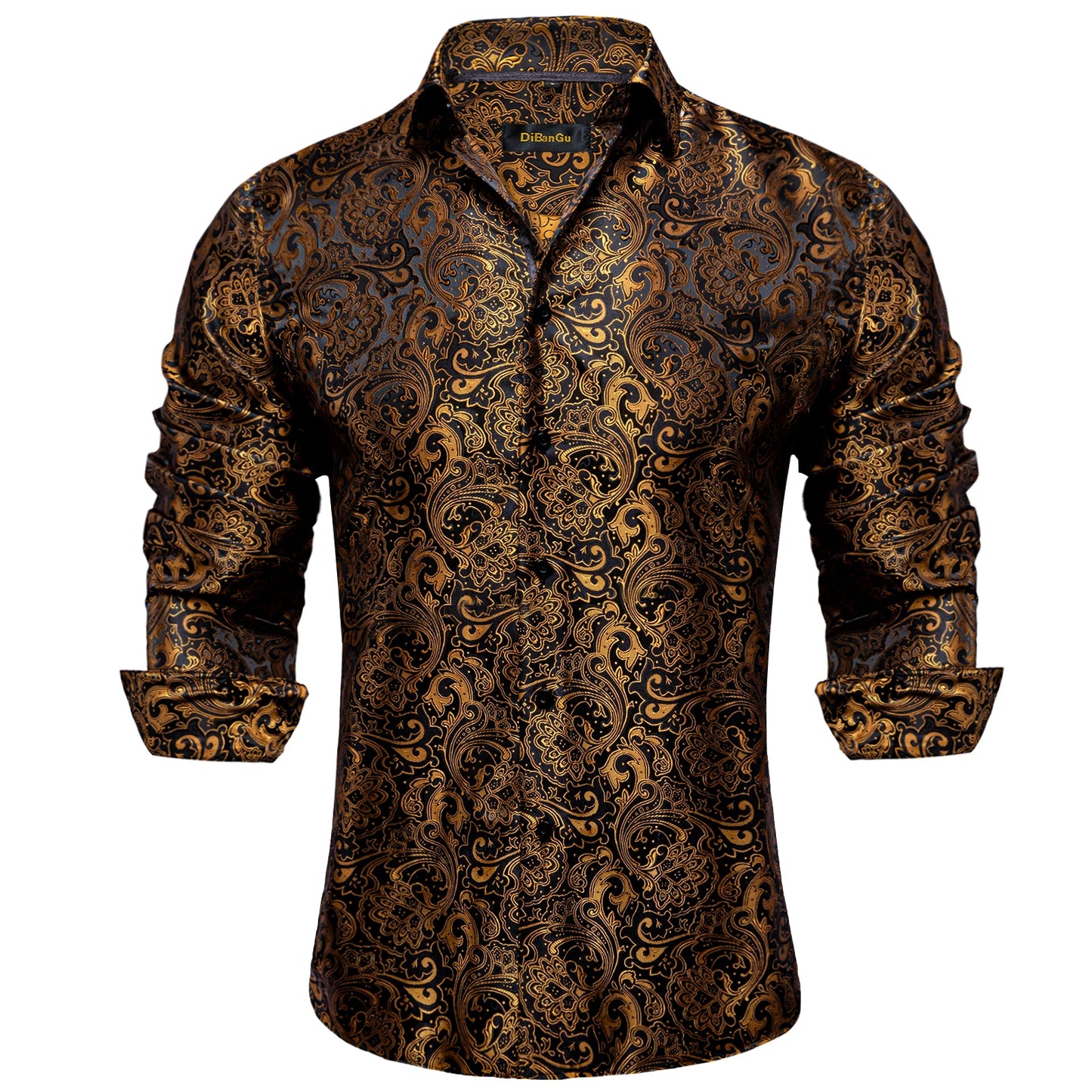 2026 Lyxig Herrskjorta Formell Bal Smoking Långärmad Siden Polyester Gyllene Färg Paisley Svarta Skjortor Blus Herrkläder