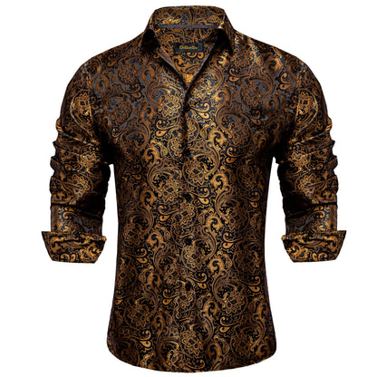 2026 Lyxig Herrskjorta Formell Bal Smoking Långärmad Siden Polyester Gyllene Färg Paisley Svarta Skjortor Blus Herrkläder