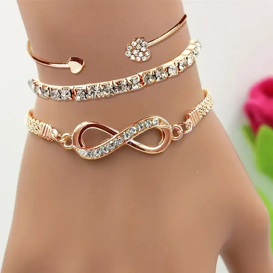 3 st/set Vintage Kristall Strass Hjärtarmband för Kvinnor Mode Geometriska Justerbara Infinity Manschett Armband Smycken Gåvor