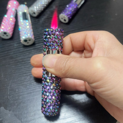 Lyxig mini uppblåsbar tändare med strass, vindtät metall, rosa låga, bärbar tändare för män och kvinnor, små verktyg