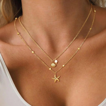 Halsband för kvinnor, 14k guldpläterat rostfritt stål, lager av sjöstjärna, snäckskal, pärlberlock, sommarstrandsmycken
