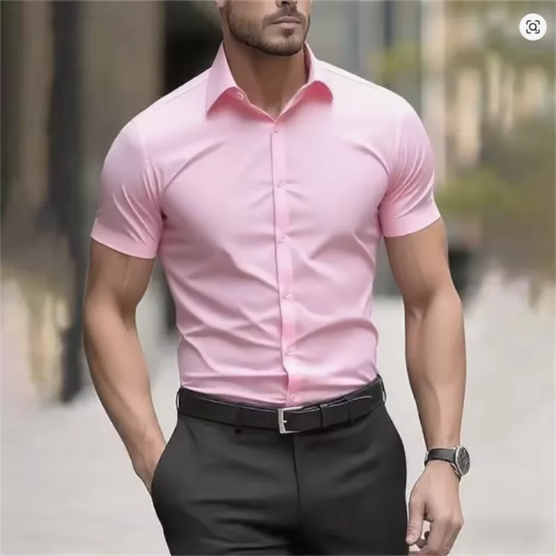 Herr Sommarskjorta för Business Kortärmad Stretchtyg Svart Utan Fickor Slim Fit Herrskjorta i Social Stil Hög Kvalitet 5XL
