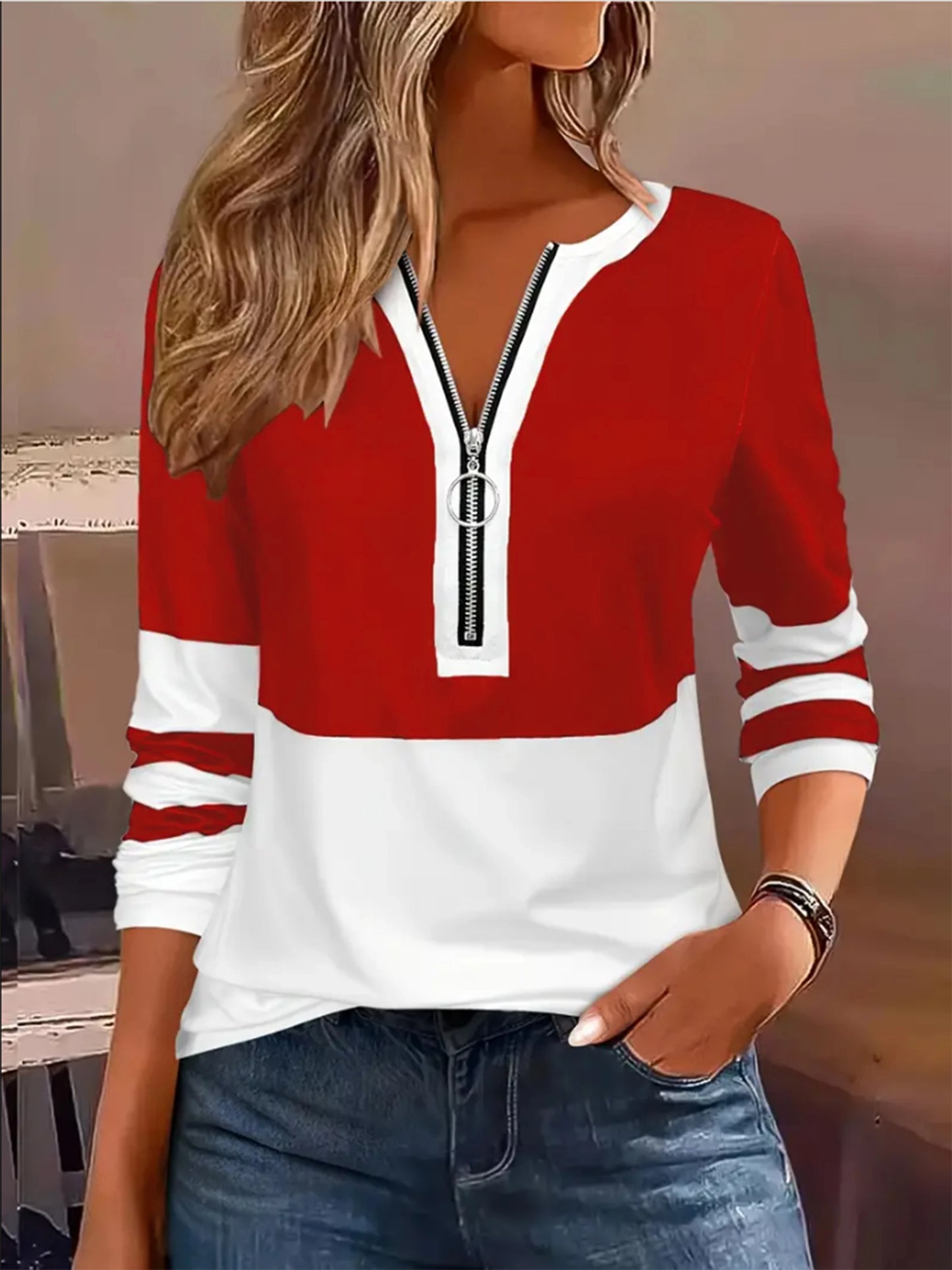 Plus Size Långärmad T-shirt med Geometriska Ränder och Färgblocksring med Blixtlåsdetalj - Höstmode