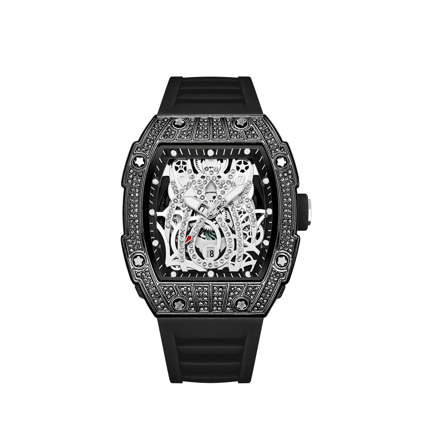 Mode Tonneau Hollow Full Diamond Gravyrhuvud Quartz Klocka Herr Lyxig Lysande Vattentät Datum Klockor Herr Stål Herrklocka