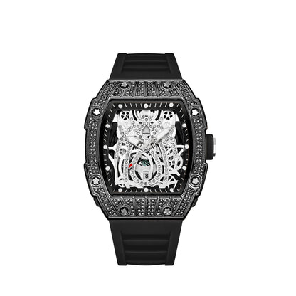 Mode Tonneau Hollow Full Diamond Gravyrhuvud Quartz Klocka Herr Lyxig Lysande Vattentät Datum Klockor Herr Stål Herrklocka