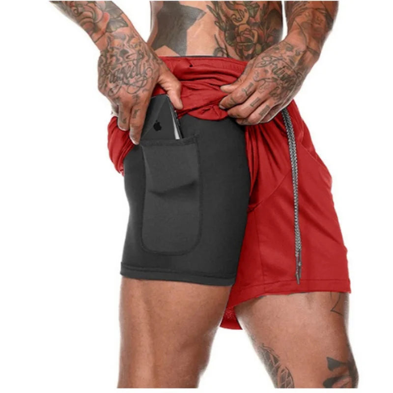 Herr Sommar 2-i-1 Dubbelskiktade Shorts Gym Fitness Träning Långsam Löpning Andningsbara Elastiska Kompressionsshorts Herr Dubbelskiktade Shorts