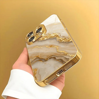 Mobilskal med mönster i guldvit marmor för iPhone 17, 16, 15 Pro, 14, 13, 12, 11, 12 Pro, 13 Pro Max, 14 Plus, 16e och 17 Air – med skydd av härdat glas