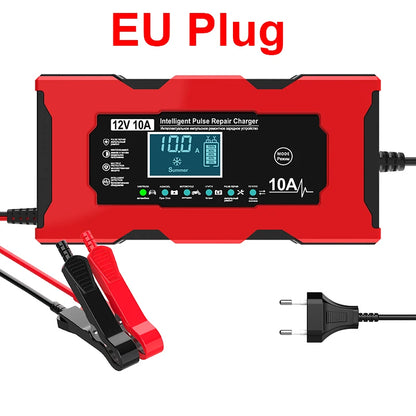 Bil- och husbilsstartare Batteriladdare 12V 10A Smart laddningsladdare med krokodilklämma LCD-skärm för Lifepo4 blysyra AGM GEL