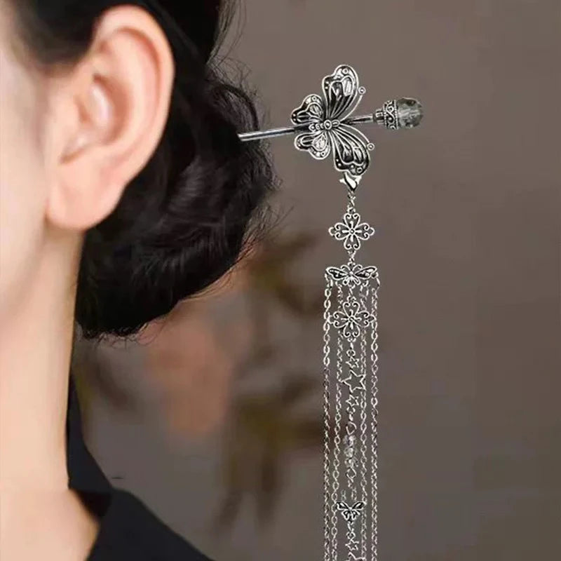 2025 Nya Kinesiska Stil Fjärilsfläkt Tofshårspinne För Kvinnor Vintage Metall Hanfu Ätpinnar Hårpinnar Håraccessoarer