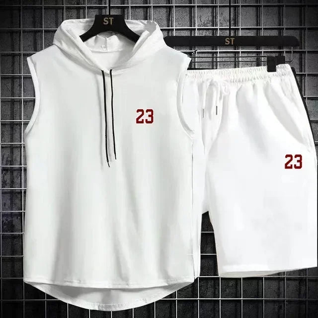 Sommar Nytt Herr Ärmlös Huva T-shirt + shorts Byxor Sport tvådelat set Gym Mode Casual Herr Dam Sport tvådelat set