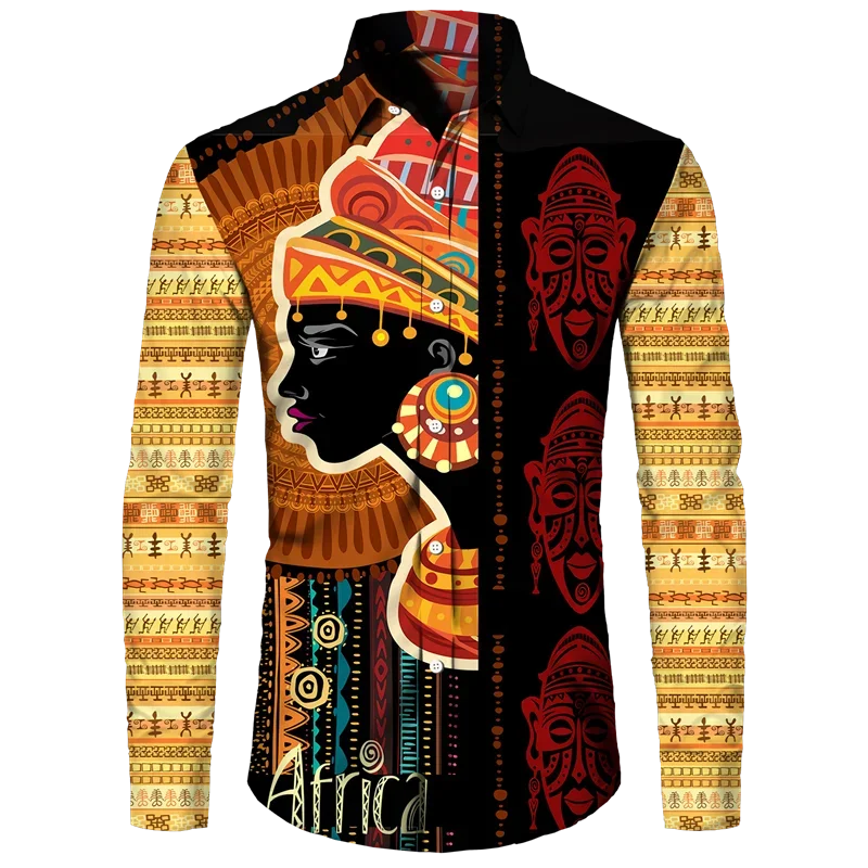 Afrikanskt Dashiki-tryck Herrskjortor med nedfällbar krage och knappar Långärmade Toppar Kläder Etnisk Stil Streetwear Kläder Skjorta