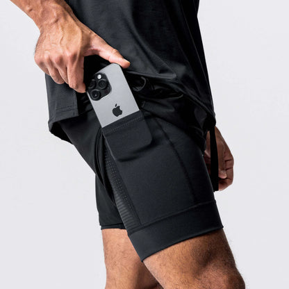 Herr Sommar 2-i-1 Dubbelskiktade Shorts Gym Fitness Träning Långsam Löpning Andningsbara Elastiska Kompressionsshorts Herr Dubbelskiktade Shorts