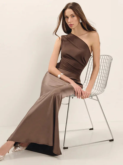 Mozision Satin Lutande Axel Sexig Maxiklänning Dammode Patchwork Ärmlös Rygglös Bodycon Kvällsklubb Festklänning