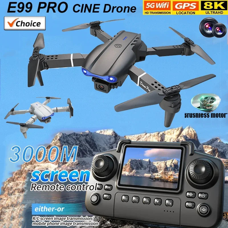 E99 Pro Drönare med 8K HD-kamera Fjärrstyrd Quadcopter Fyraxlad Flygplan Höjdhållning GPS Flygleksak för Flygfotografering
