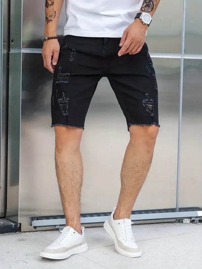 Sommar Slitna Jeans Herr Stretch Denim Shorts Herr Korta Jeans Slim Raka Shorts Mode Svarta Jeans Herrkläder Streetwear