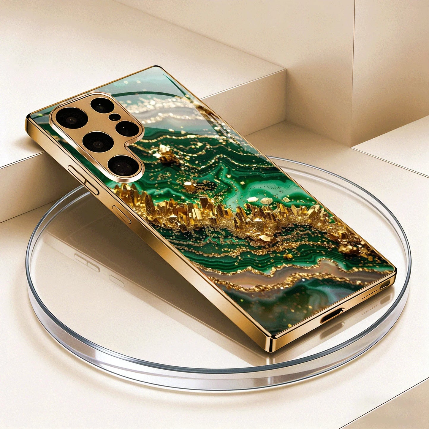 Guldpläterat mobilskal i härdat glas, kompatibelt med Galaxy S26, S25, S24, S23 och S22 Ultra Plus. Har ett texturerat mönster i grönt guld.