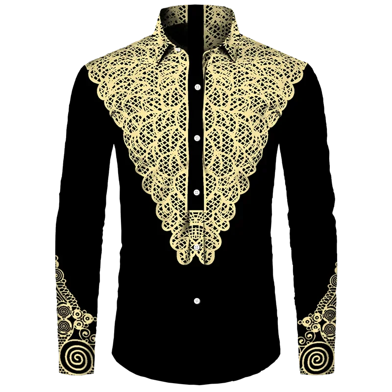 Afrikanskt Dashiki-tryck Herrskjortor med nedfällbar krage och knappar Långärmade Toppar Kläder Etnisk Stil Streetwear Kläder Skjorta