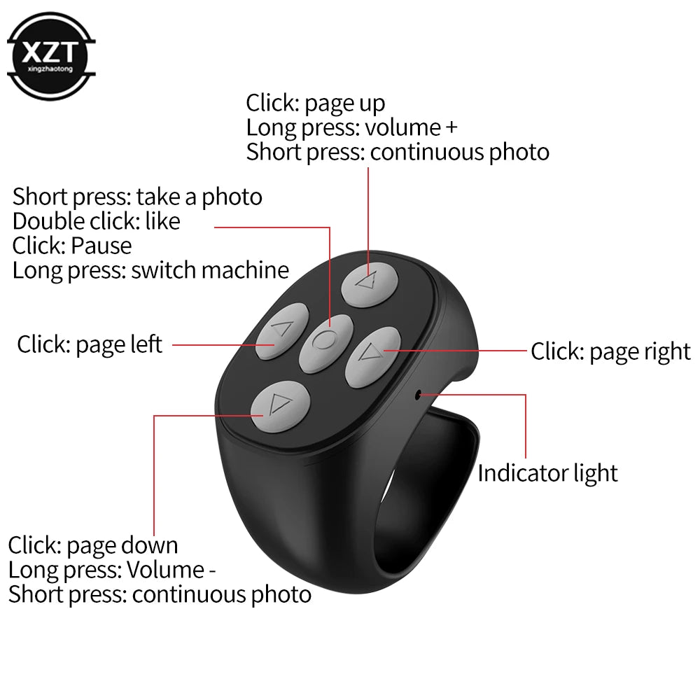 Trådlös Bluetooth-fingertoppsselfiekontroll TikTok kort videosida, bläddrande surfningsenhet mobiltelefon fjärrkontroll ring