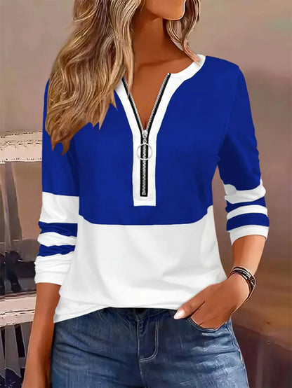 Plus Size Långärmad T-shirt med Geometriska Ränder och Färgblocksring med Blixtlåsdetalj - Höstmode