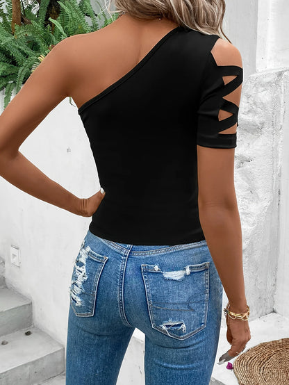 Women's Solid Color Asymmetric Collar Fresh and Sexy Off-Shoulder Short-Sleeve Fashion T-Shirt