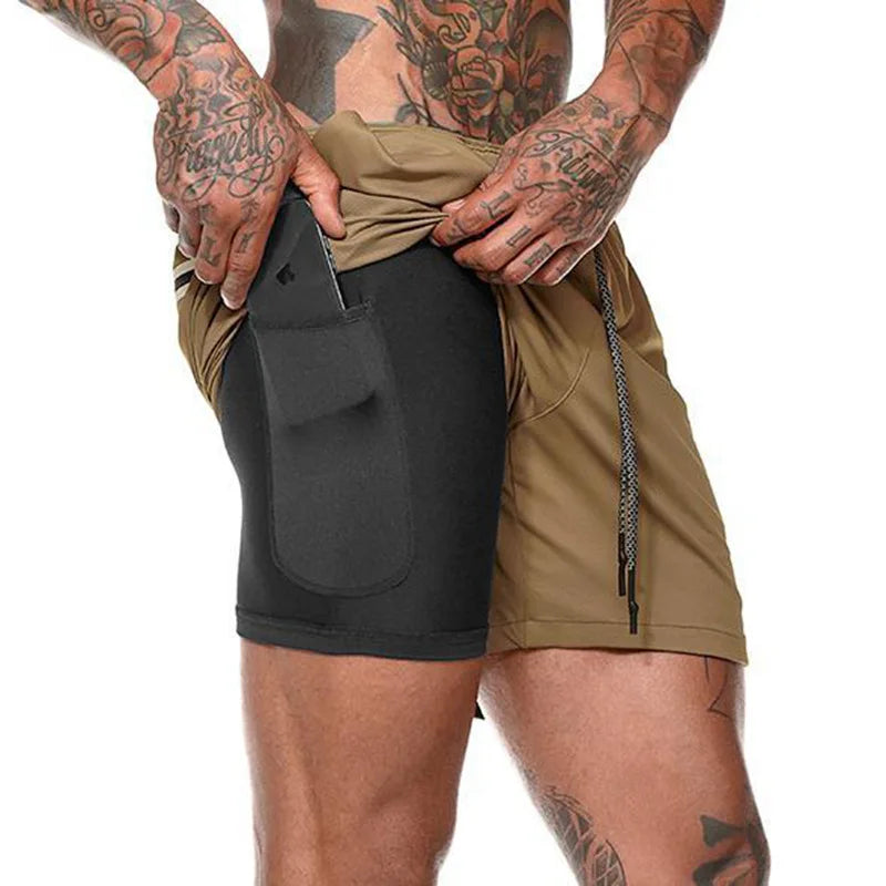 Herr Sommar 2-i-1 Dubbelskiktade Shorts Gym Fitness Träning Långsam Löpning Andningsbara Elastiska Kompressionsshorts Herr Dubbelskiktade Shorts