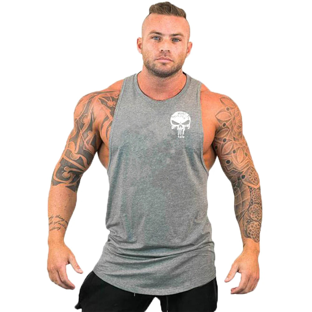 Ny het rea herrlinne med dödskalletryck, andningsbart linne, coolt linne, löpartröja i bomull, bodybuilding-linne, fitness-tröja, ärmlös