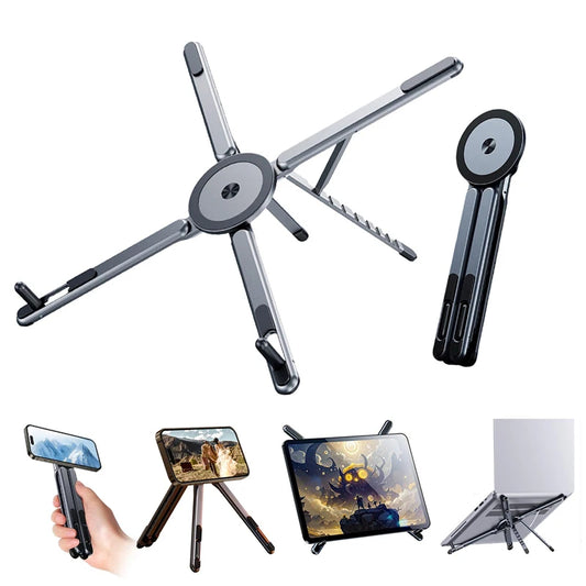 4-i-1 hopfällbart laptopstativ magnetiskt telefonställ i aluminium bärbart skrivbordsfäste med stativhandtag för Pro iPad resor vloggning