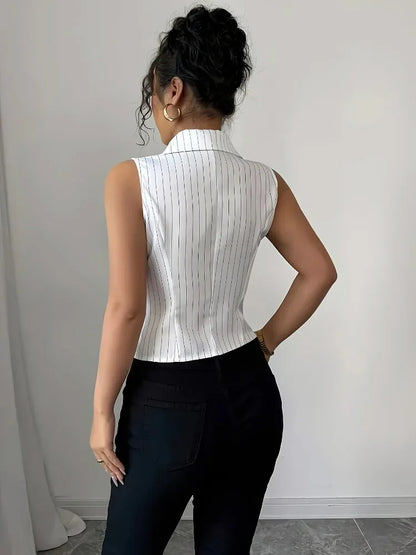 Blouse Women Vertical Stripes Collar V Neck Sleeveless Fitted Button Split Hem Sexy Office Commuter Spring Summer White Gray