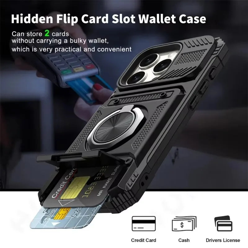Militärkvalitetsskal för iPhone 11 13 14 15 16 Pro Max Magnetiskt roterande ringstativ Robust fallskyddande plånboksfodral