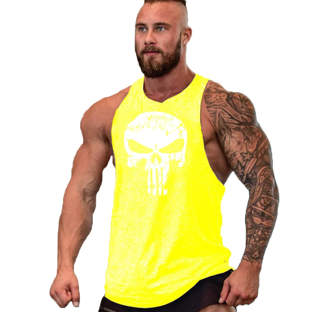 Ny het rea herrlinne med dödskalletryck, andningsbart linne, coolt linne, löpartröja i bomull, bodybuilding-linne, fitness-tröja, ärmlös